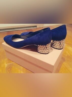 VINTAGE MIU MIU Archival Royal Blue Suede Crystal Jewel Heel Pumps - EU 40